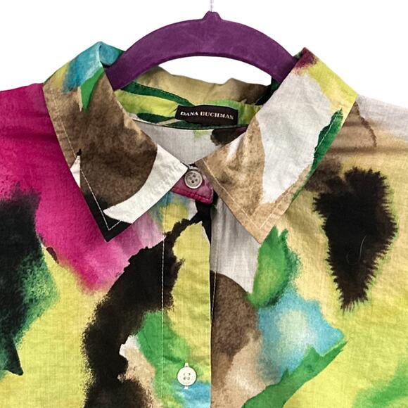 Dana Buchman Top M Watercolor Floral Bold Button Down Resort Travel Boho Beachy - Picture 3 of 15